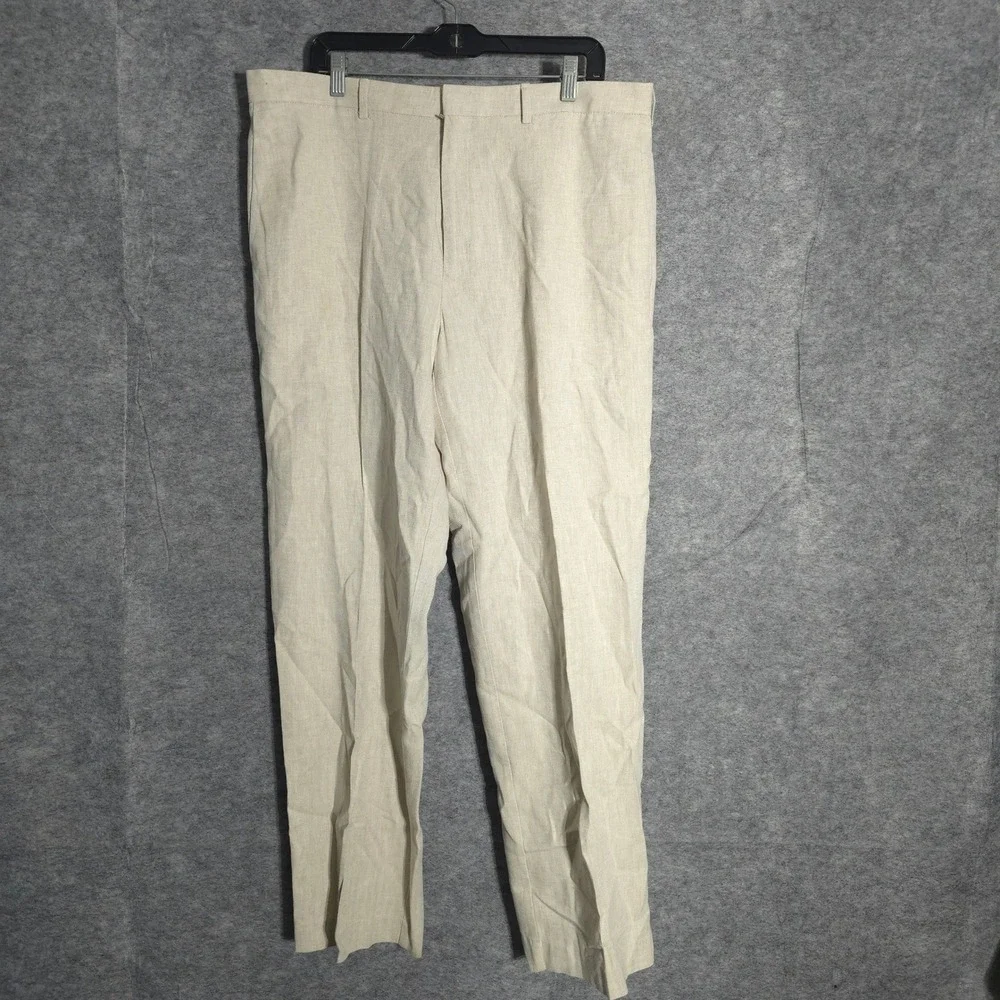 Perry Ellis Linen Blend Pants Mens 36x32 Cream Herringbone Flat Front Straight